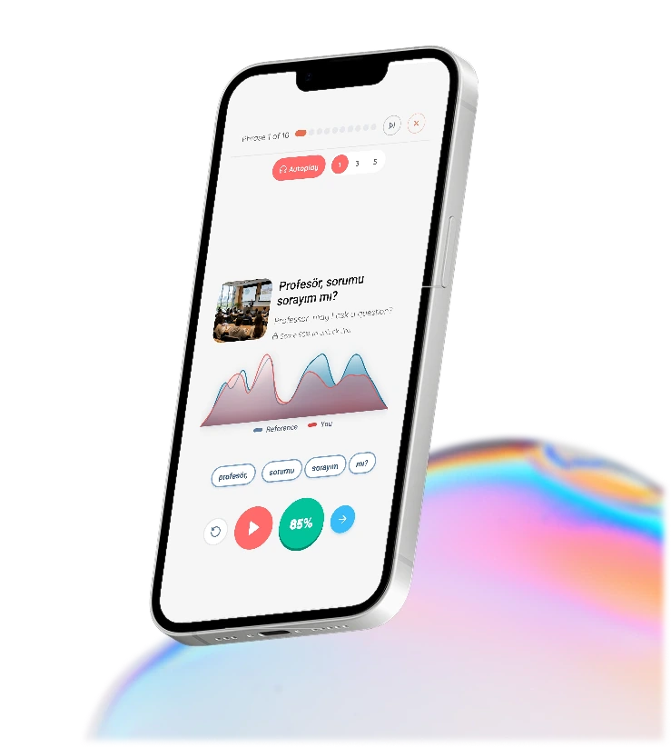 Prosody, an Iktimal-built mobile app, showing AI pronunciation analysis
