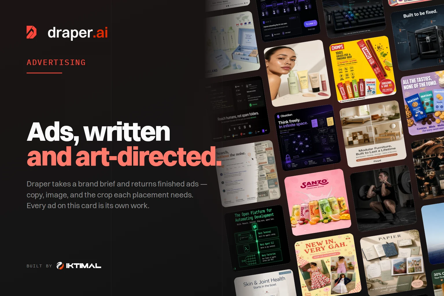 Draper banner with the headline “Ads, written and art-directed.” beside a collage of advertising creative screens.