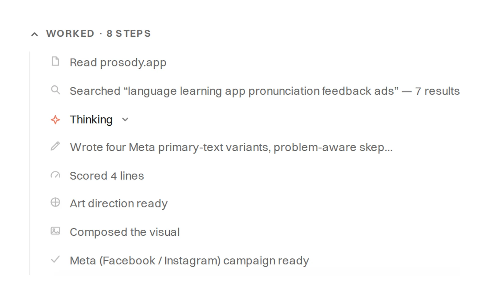 Draper task trace listing a searched ad prompt, four scored lines, art direction, and a composed visual.