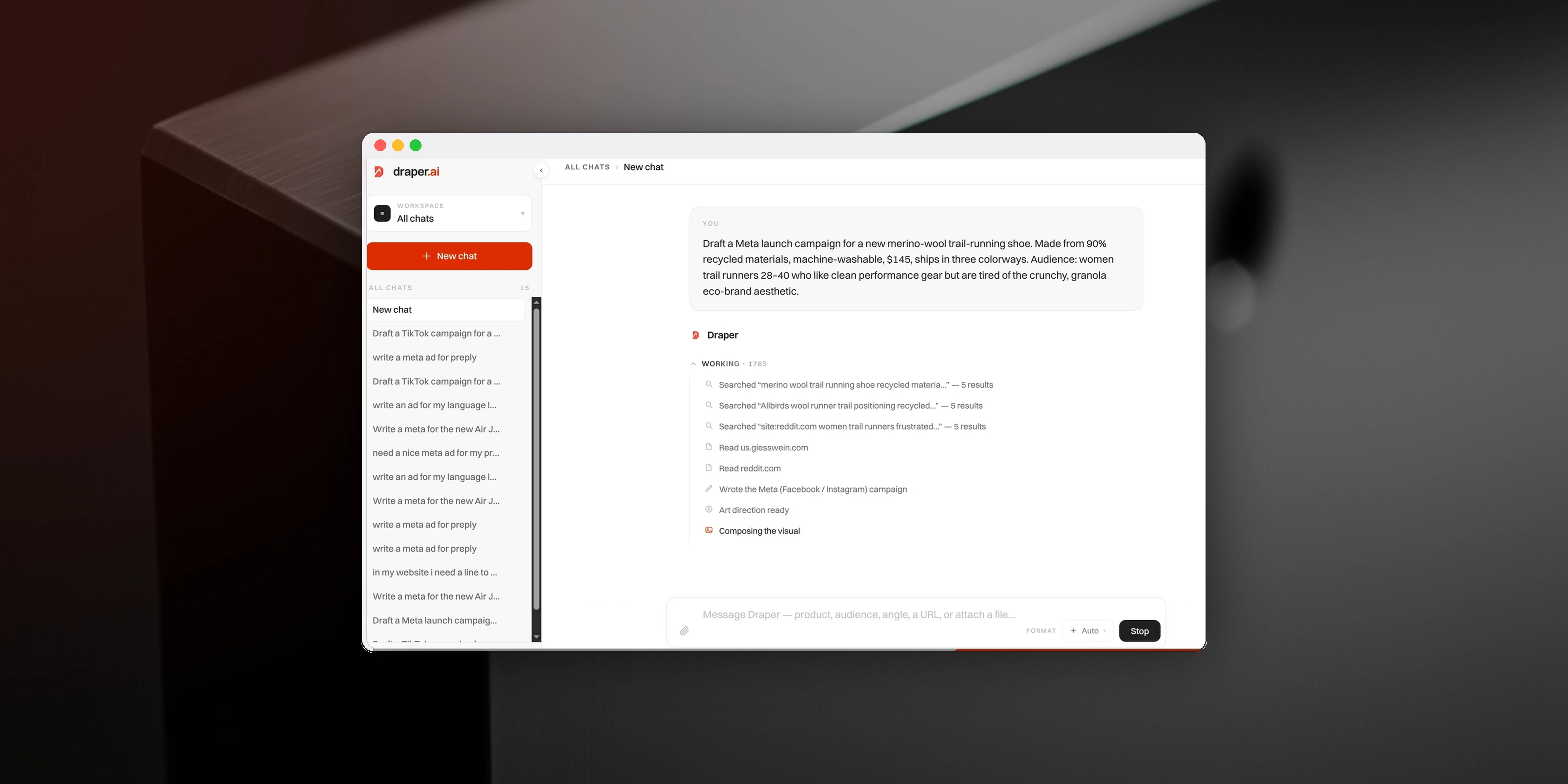 The Draper app mid-run: the agent searching the web, reading sources, and writing a Meta campaign