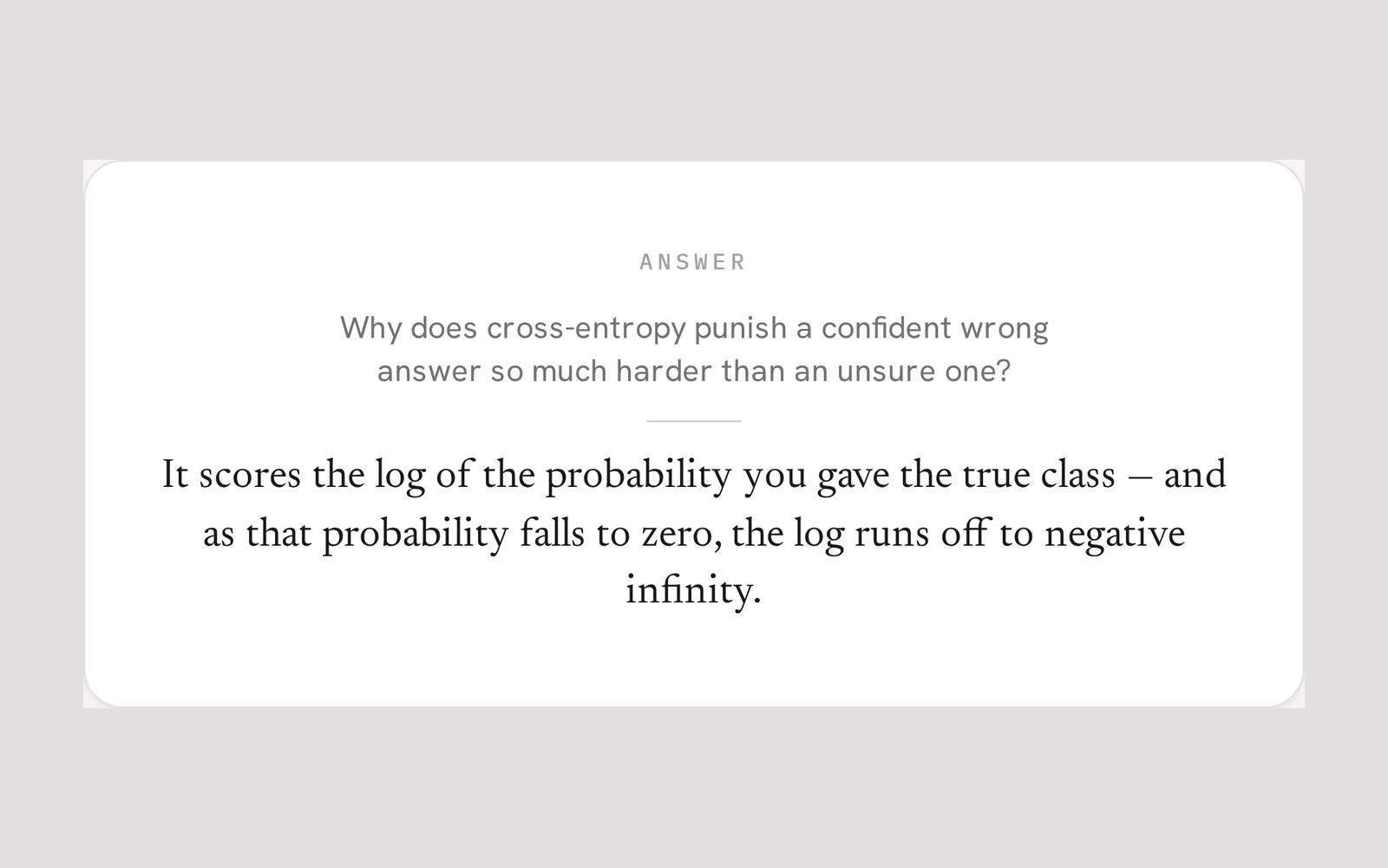 Engram lesson answer explaining cross-entropy and the probability assigned to the true class.