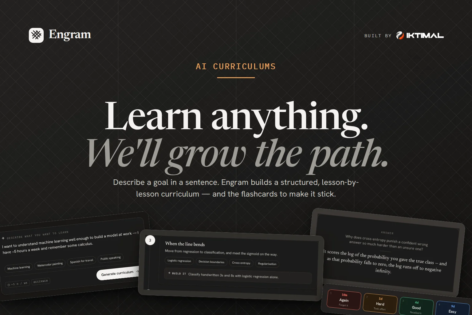 Engram banner with the headline “Learn anything. We’ll grow the path.” and curriculum lesson cards.