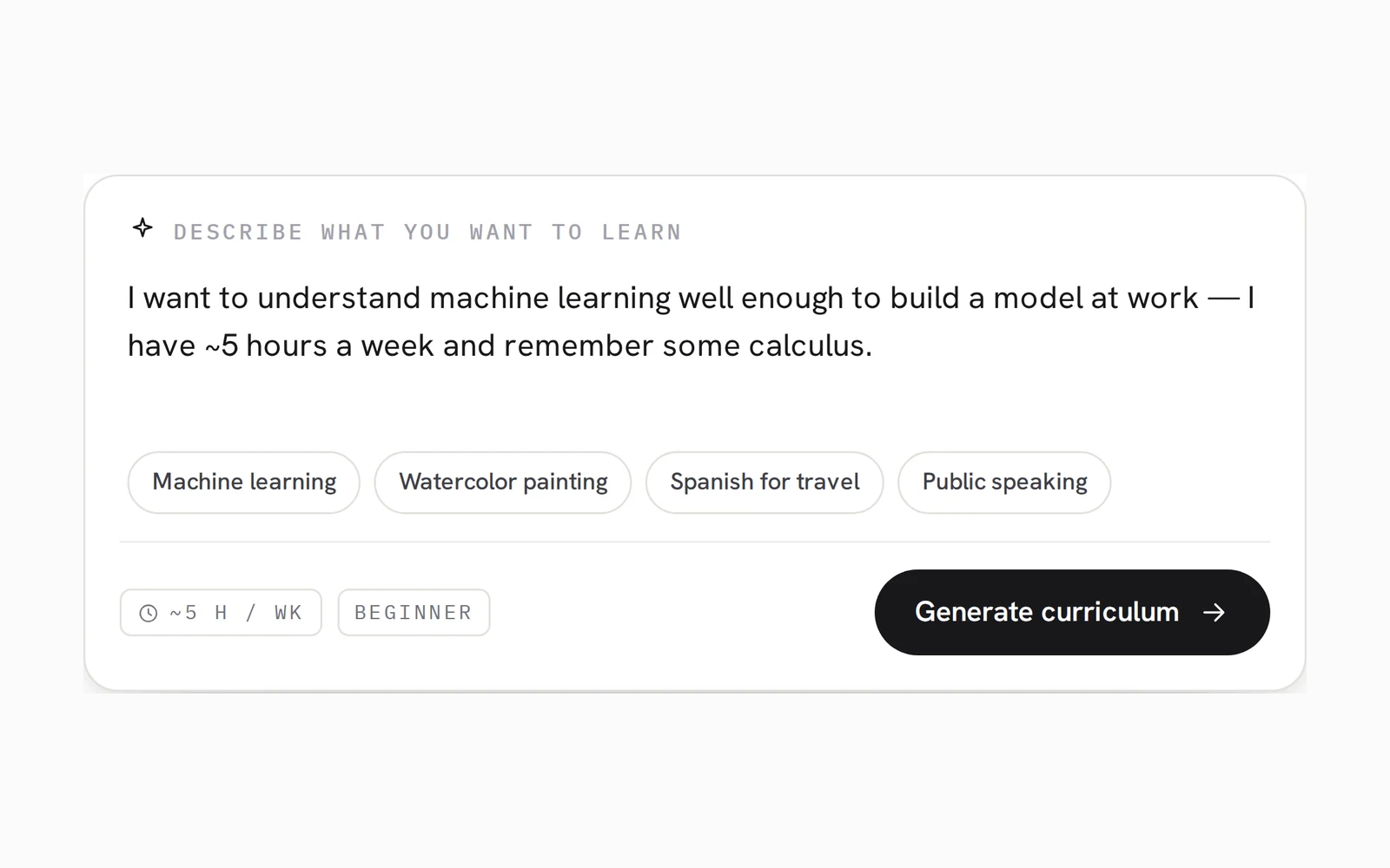 Engram curriculum composer with a machine-learning learning goal, topic suggestions, pace controls, and a Generate curriculum button.