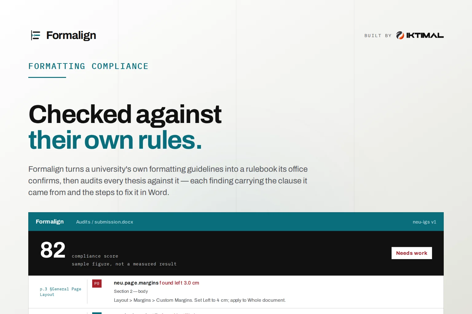 Formalign banner with the headline “Checked against their own rules.” and a document compliance score screen.