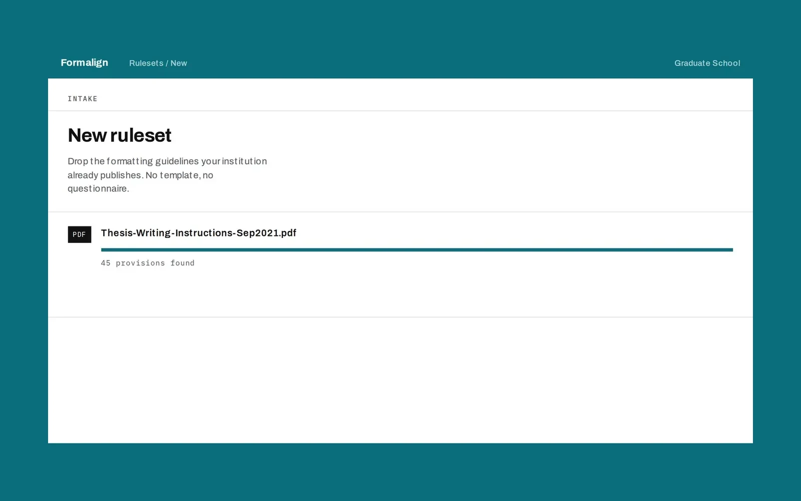 Formalign New ruleset screen with a thesis-writing PDF selected and 45 provisions found.