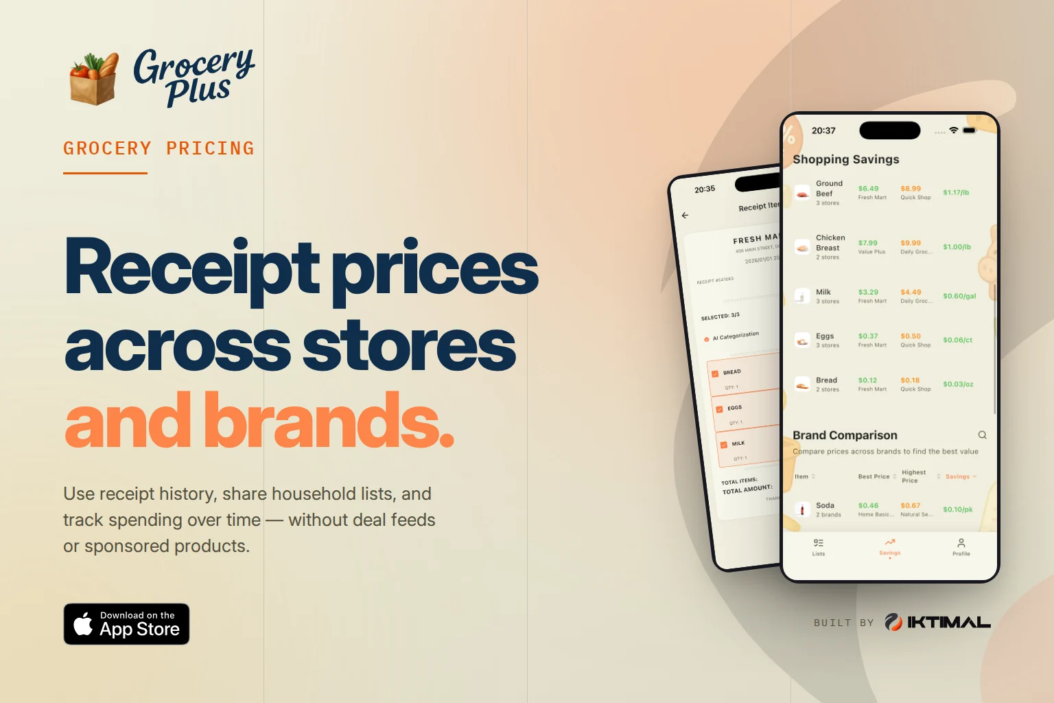 GroceryPlus banner with the headline “Receipt prices across stores and brands.” and a shopping savings list on a phone.