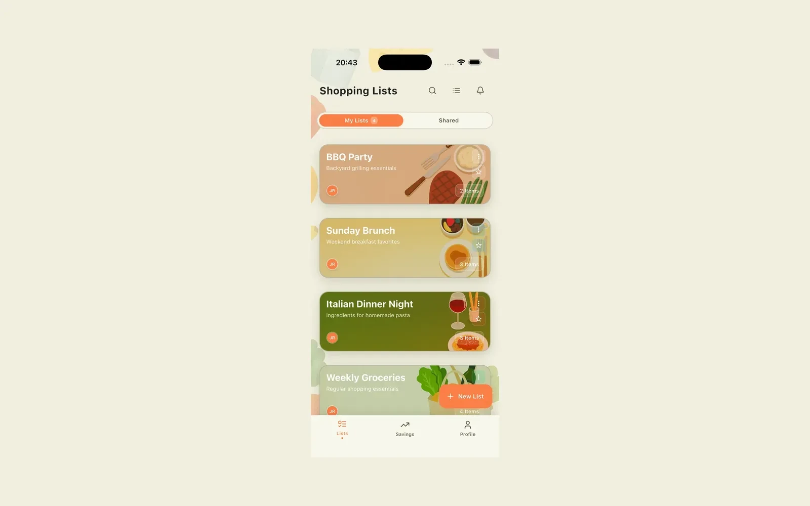 GroceryPlus Shopping Lists screen listing BBQ Party, Sunday Brunch, Italian Dinner Night, and Weekly Groceries.
