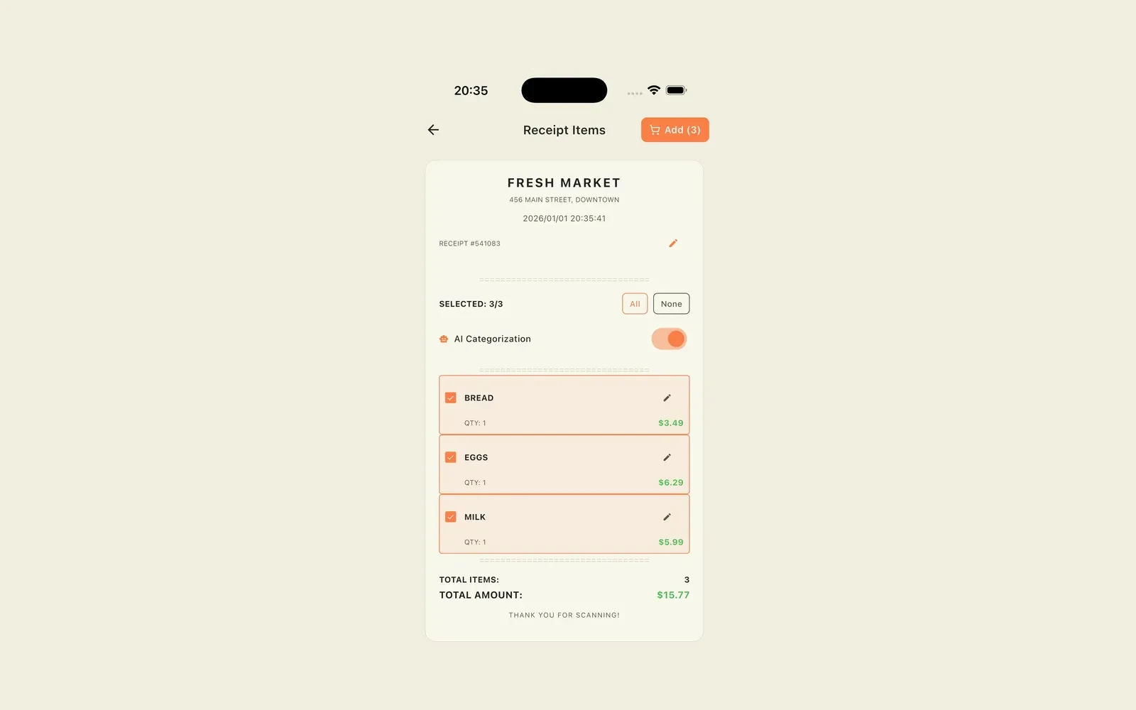 GroceryPlus receipt screen for Fresh Market with selected items, category totals, and a total amount.