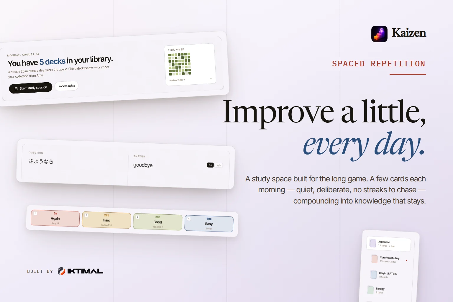 Kaizen banner with the headline “Improve a little, every day.” and a spaced-repetition deck screen.
