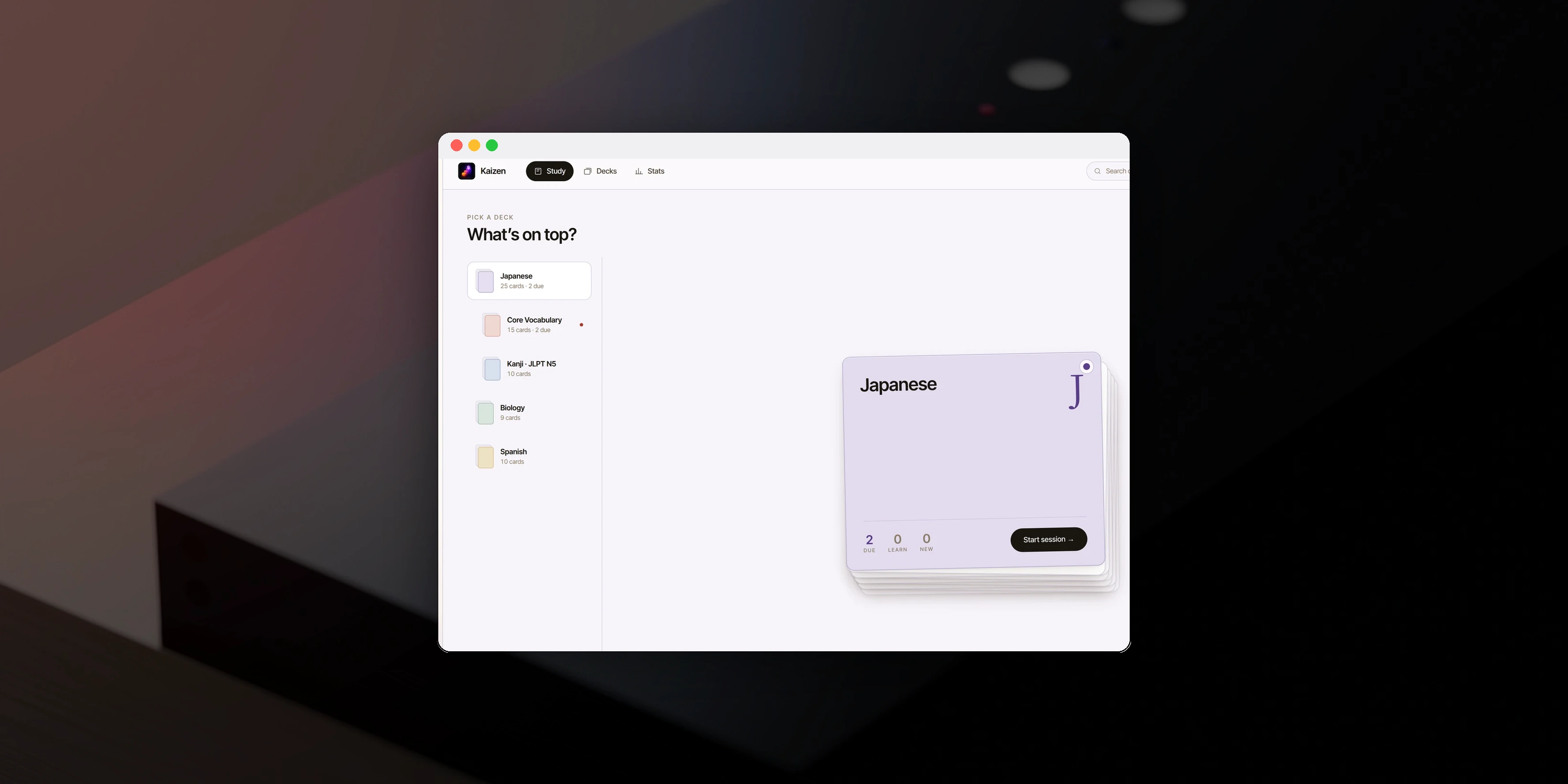 The Kaizen app: an offline-first spaced-repetition study screen with nested decks and a due queue