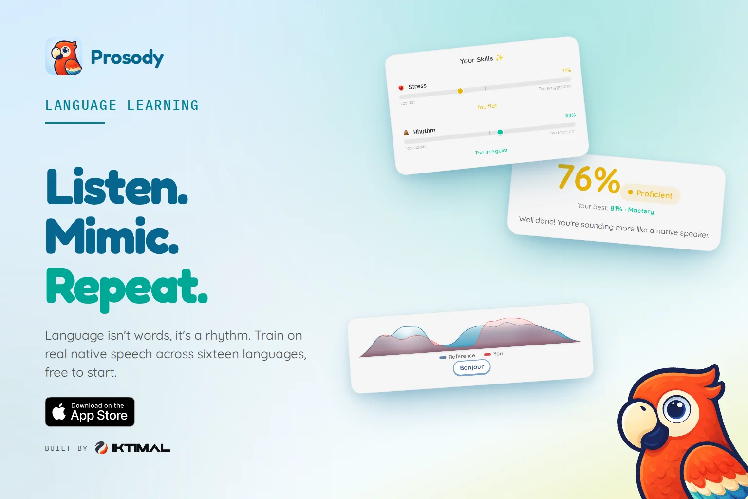 Prosody banner with the headline “Listen. Mimic. Repeat.” and skill and pronunciation score cards.