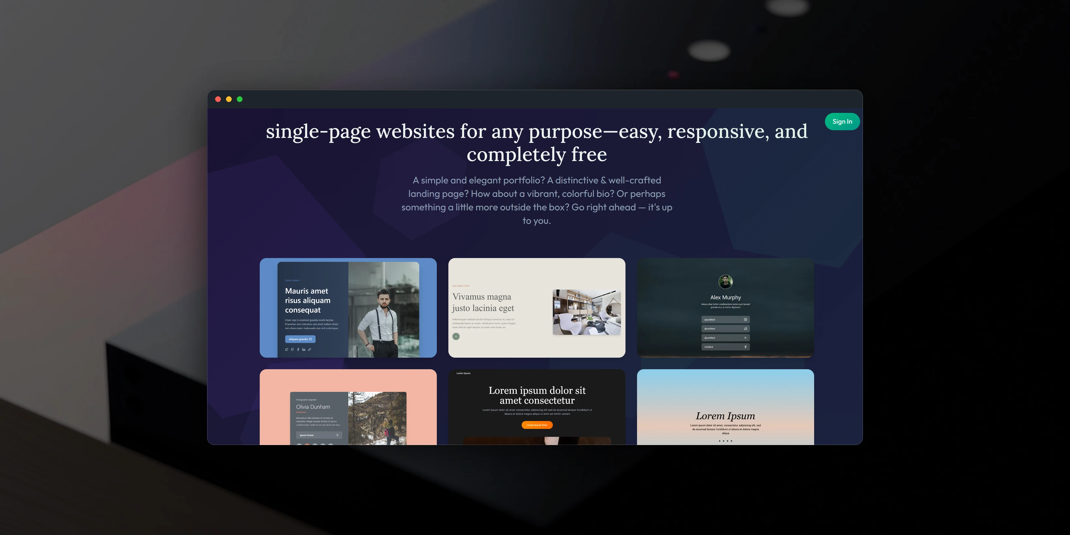 Safhati, a single-page website builder: the landing hero over a gallery of ready-to-edit page templates, English and Arabic with full RTL