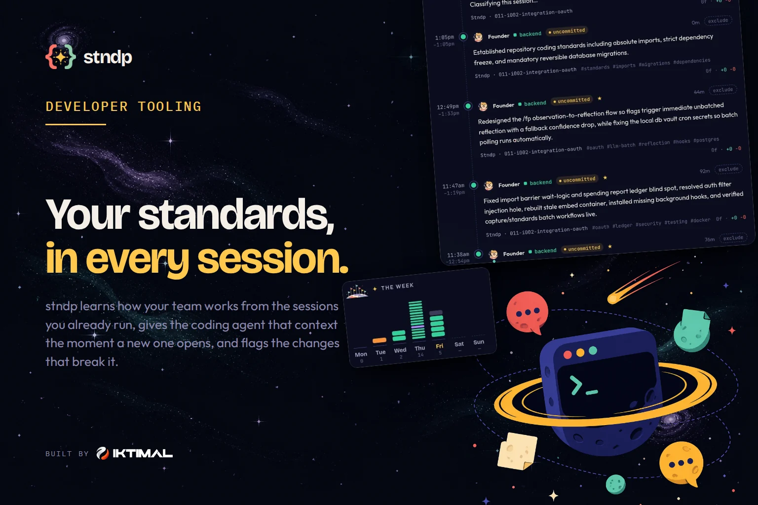 stndp banner with the headline “Your standards, in every session.” and an editor showing coding-agent conversations.