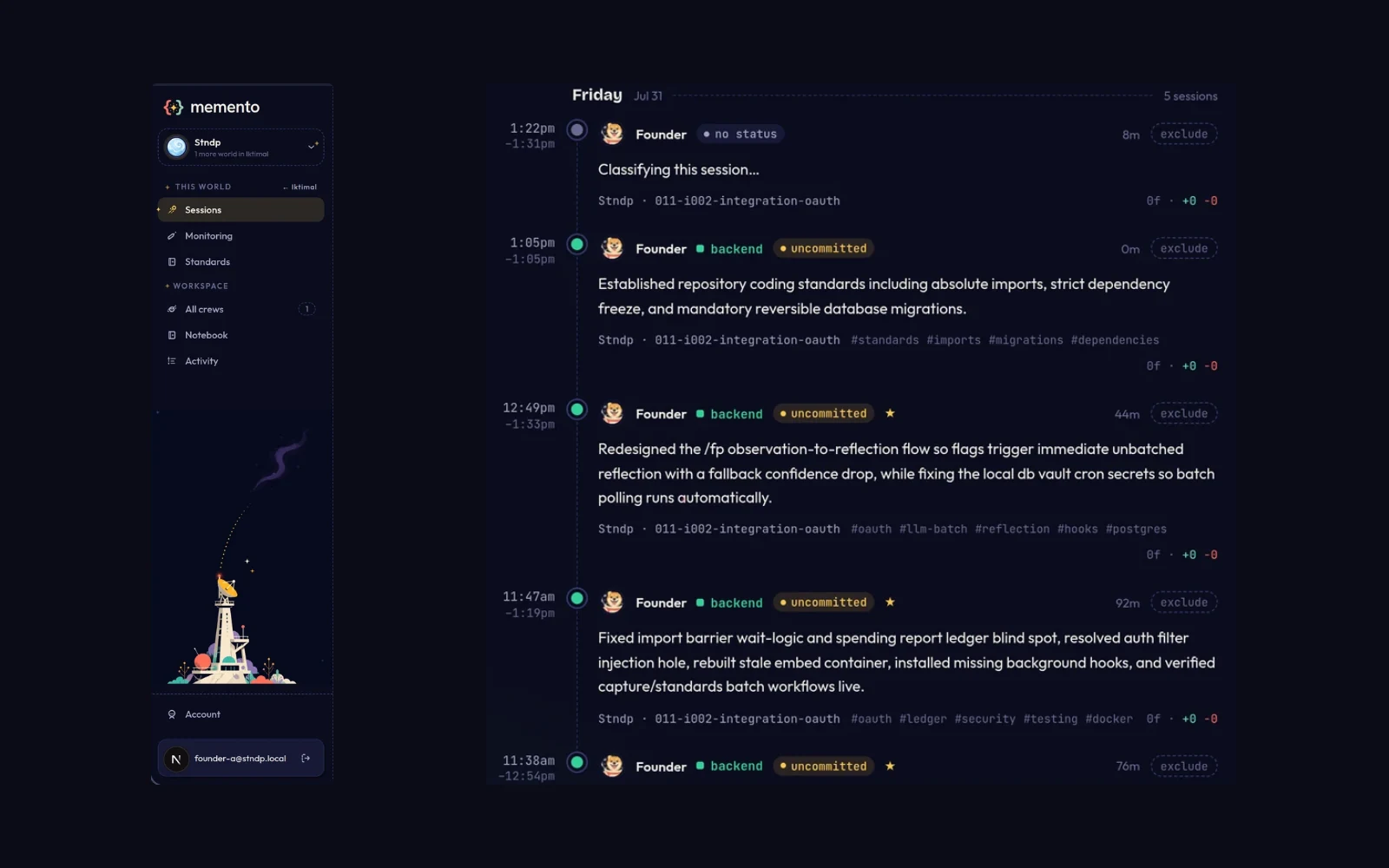 Stndp workspace: the sidebar of worlds and sections beside a day's session log with summaries, tags and status labels.