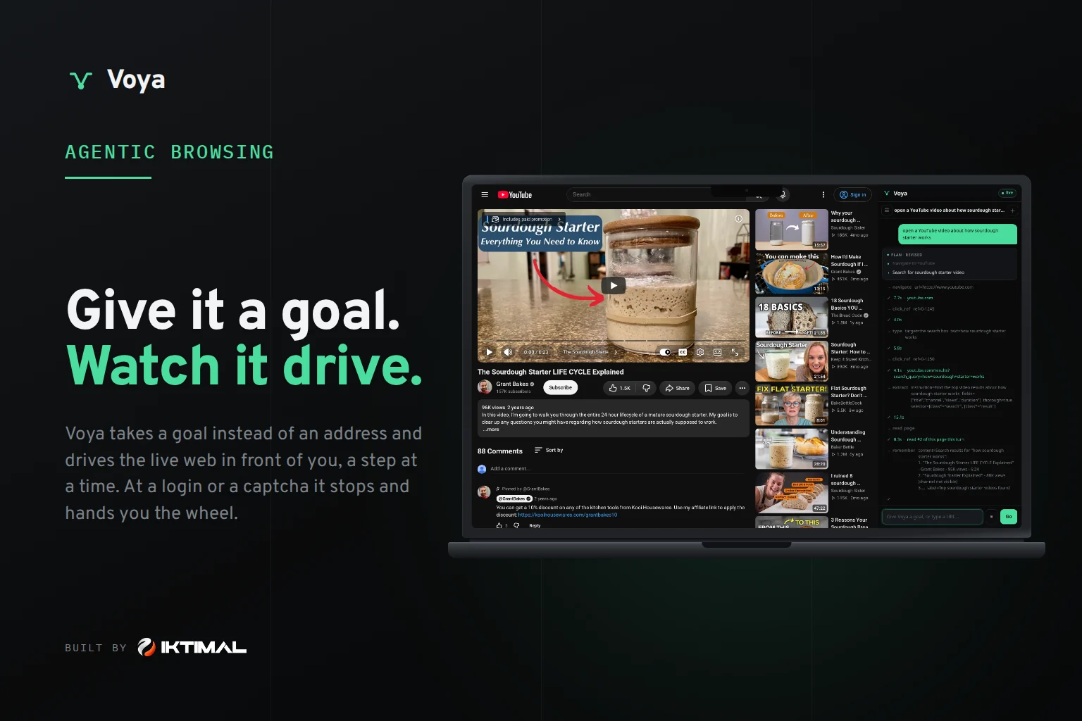 Voya banner with the headline “Give it a goal. Watch it drive.” and a browser automation screen.