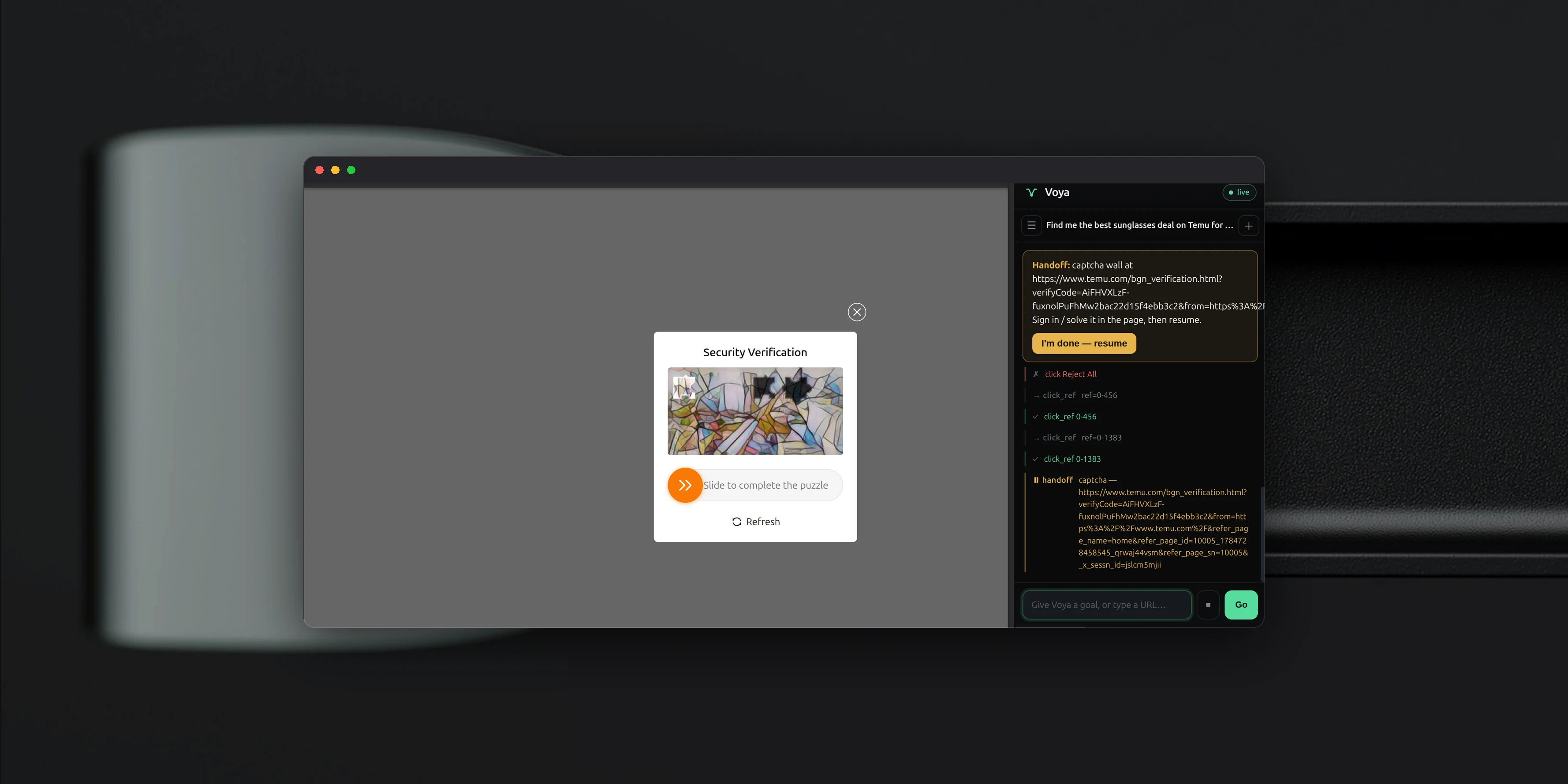 Voya, an AI browser agent: mid-task it hits a captcha wall on Temu and hands off to the human to solve it, then resumes